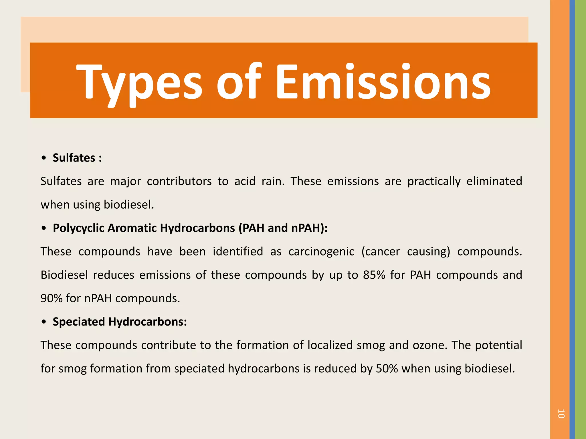 10
Types of Emissions
• Sulfates :
Sulfates are major contributors to acid rain. These emissions are practically eliminated
when using biodiesel.
• Polycyclic Aromatic Hydrocarbons (PAH and nPAH):
These compounds have been identified as carcinogenic (cancer causing) compounds.
Biodiesel reduces emissions of these compounds by up to 85% for PAH compounds and
90% for nPAH compounds.
• Speciated Hydrocarbons:
These compounds contribute to the formation of localized smog and ozone. The potential
for smog formation from speciated hydrocarbons is reduced by 50% when using biodiesel.
 