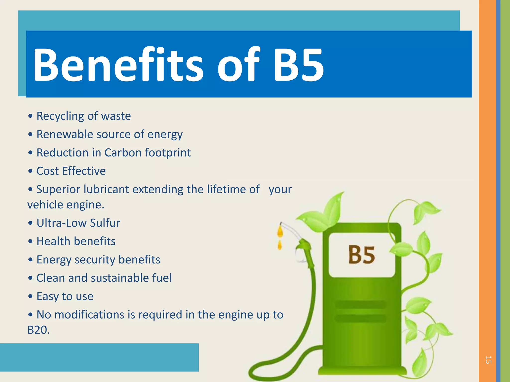 • Recycling of waste
• Renewable source of energy
• Reduction in Carbon footprint
• Cost Effective
• Superior lubricant extending the lifetime of your
vehicle engine.
• Ultra-Low Sulfur
• Health benefits
• Energy security benefits
• Clean and sustainable fuel
• Easy to use
• No modifications is required in the engine up to
B20.
Benefits of B5
15
 