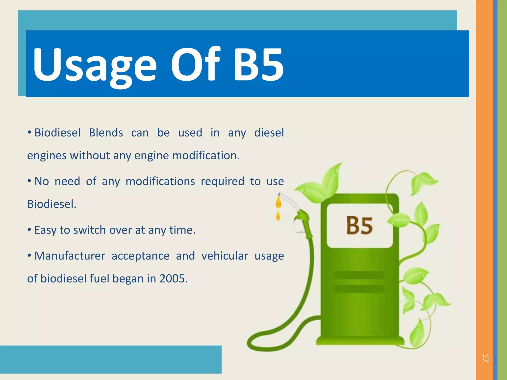 • Biodiesel Blends can be used in any diesel
engines without any engine modification.
• No need of any modifications required to use
Biodiesel.
• Easy to switch over at any time.
• Manufacturer acceptance and vehicular usage
of biodiesel fuel began in 2005.
Usage Of B5
17
 
