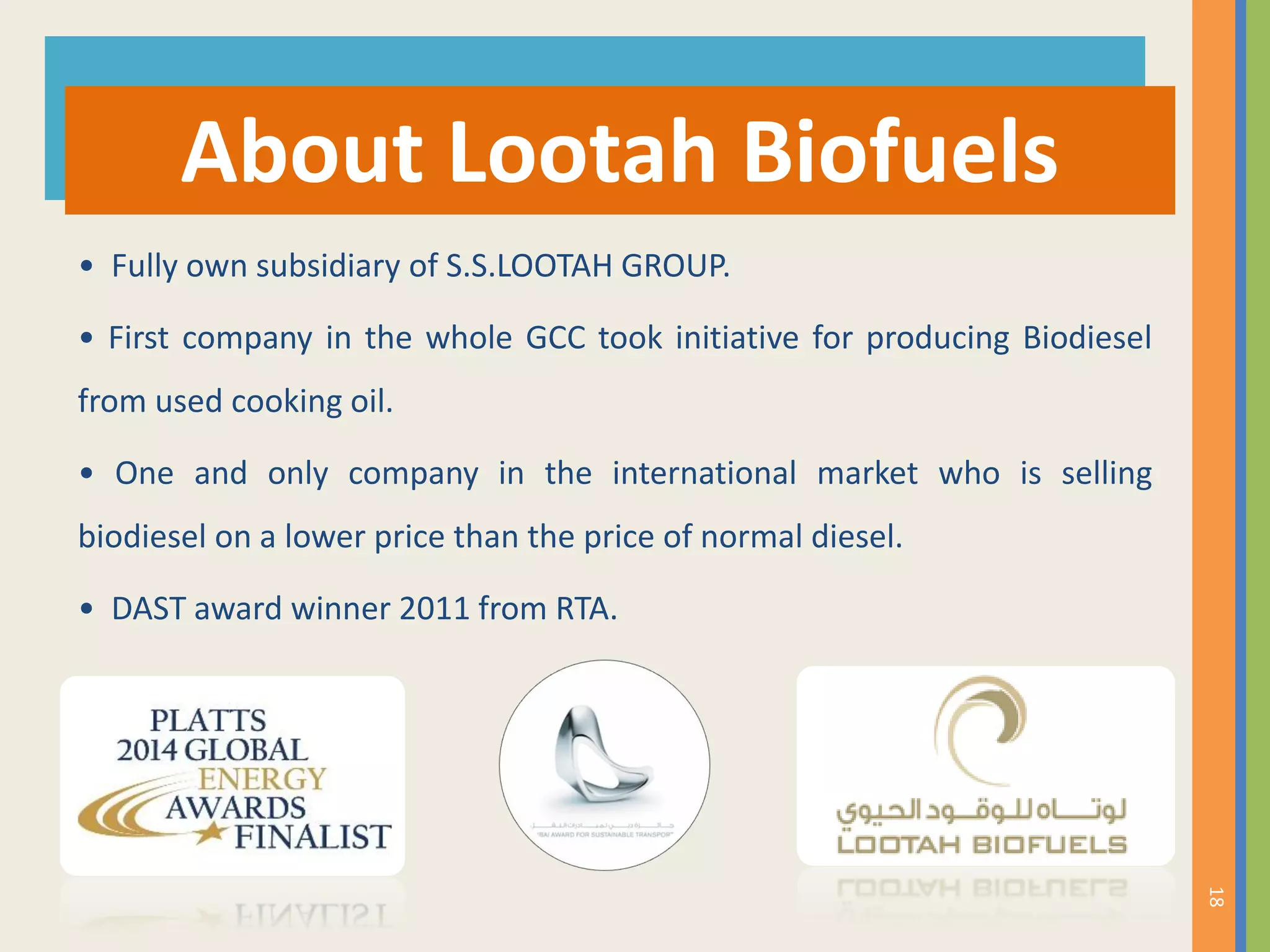 • Fully own subsidiary of S.S.LOOTAH GROUP.
• First company in the whole GCC took initiative for producing Biodiesel
from used cooking oil.
• One and only company in the international market who is selling
biodiesel on a lower price than the price of normal diesel.
• DAST award winner 2011 from RTA.
About Lootah Biofuels
18
 
