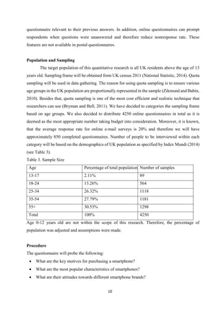 10
questionnaire relevant to their previous answers. In addition, online questionnaires can prompt
respondents when questions were unanswered and therefore reduce nonresponse rate. These
features are not available in postal questionnaires.
Population and Sampling
The target population of this quantitative research is all UK residents above the age of 13
years old. Sampling frame will be obtained from UK census 2011 (National Statistic, 2014). Quota
sampling will be used in data gathering. The reason for using quota sampling is to ensure various
age groups in the UK population are proportionally represented in the sample (Zikmund and Babin,
2010). Besides that, quota sampling is one of the most cost efficient and realistic technique that
researchers can use (Bryman and Bell, 2011). We have decided to categories the sampling frame
based on age groups. We also decided to distribute 4250 online questionnaires in total as it is
deemed as the most appropriate number taking budget into consideration. Moreover, it is known,
that the average response rate for online e-mail surveys is 20% and therefore we will have
approximately 850 completed questionnaires. Number of people to be interviewed within each
category will be based on the demographics of UK population as specified by Index Mundi (2014)
(see Table 3).
Table 3. Sample Size
Age Percentage of total population Number of samples
13-17 2.11% 89
18-24 13.26% 564
25-34 26.32% 1118
35-54 27.79% 1181
55+ 30.53% 1298
Total 100% 4250
Age 0-12 years old are not within the scope of this research. Therefore, the percentage of
population was adjusted and assumptions were made.
Procedure
The questionnaire will probe the following:
 What are the key motives for purchasing a smartphone?
 What are the most popular characteristics of smartphones?
 What are their attitudes towards different smartphone brands?
 