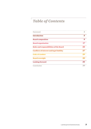 Luxembourg Fund Governance Survey	 3
Table of ContentsTable of Contents
Foreword	 4
Introduction	 5
Board composition	 9
B...