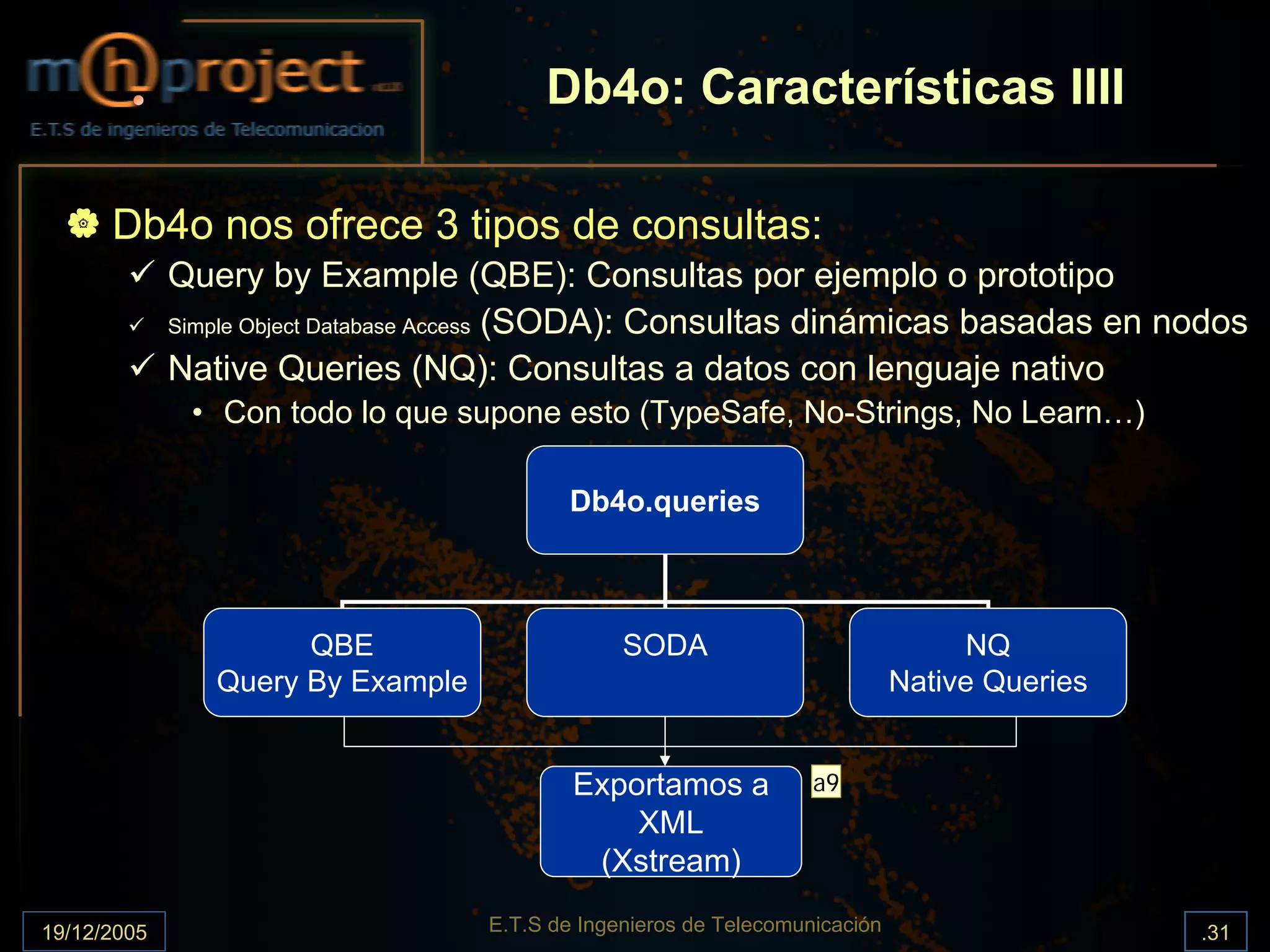 Db4o: Características IIII

      Db4o nos ofrece 3 tipos de consultas:
             Query by Example (QBE): Consultas por ejemplo o prototipo
             Simple Object Database Access (SODA): Consultas dinámicas basadas en nodos

             Native Queries (NQ): Consultas a datos con lenguaje nativo
              • Con todo lo que supone esto (TypeSafe, No-Strings, No Learn…)

                                           Db4o.queries



                      QBE                       SODA                               NQ
                Query By Example                                             Native Queries


                                           Exportamos a            a9
                                               XML
                                            (Xstream)

19/12/2005                         E.T.S de Ingenieros de Telecomunicación                    .31
 