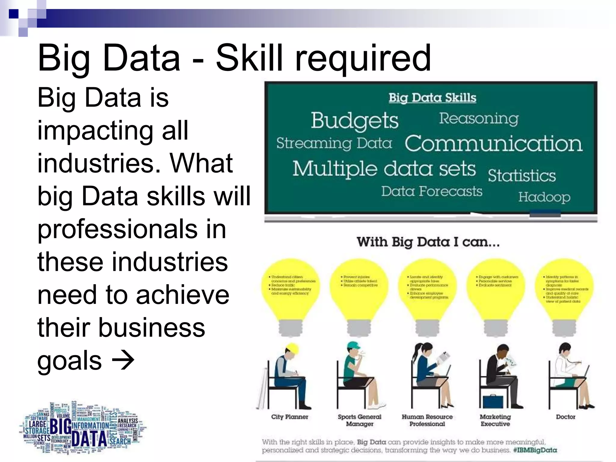 Big Data - Skill required
Big Data is
impacting all
industries. What
big Data skills will
professionals in
these industries
need to achieve
their business
goals 
 