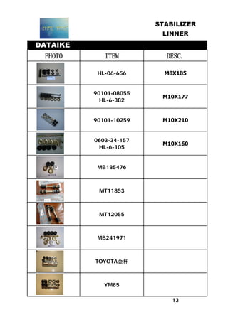 STABILIZER
LINNER
DATAIKE
PHOTO ITEM DESC.
HL-06-656 M8Х185
90101-08055
HL-6-382
M10Х177
90101-10259 M10Х210
0603-34-157
HL-6-105
M10Х160
MB185476
MT11853
MT12055
MB241971
TOYOTA金杯
YM85
13
 