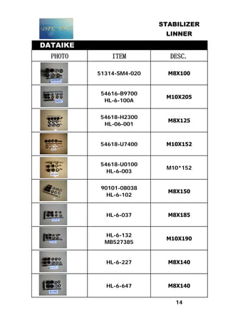 STABILIZER
LINNER
DATAIKE
PHOTO ITEM DESC.
51314-SM4-020 M8Х100
54616-B9700
HL-6-100A
M10Х205
54618-H2300
HL-06-001
M8Х125
54618-U7400 M10Х152
54618-U0100
HL-6-003
M10*152
90101-08038
HL-6-102
M8Х150
HL-6-037 M8Х185
HL-6-132
MB527385
M10Х190
HL-6-227 M8Х140
HL-6-647 M8Х140
14
 
