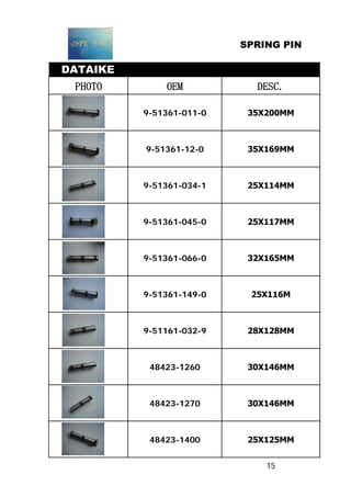 SPRING PIN
DATAIKE
PHOTO OEM DESC.
9-51361-011-0 35Х200MM
9-51361-12-0 35Х169MM
9-51361-034-1 25Х114MM
9-51361-045-0 25Х117MM
9-51361-066-0 32Х165MM
9-51361-149-0 25Х116M
9-51161-032-9 28Х128MM
48423-1260 30Х146MM
48423-1270 30Х146MM
48423-1400 25Х125MM
15
 