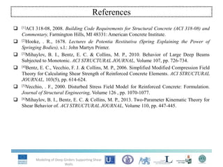 References
 [1]ACI 318-08, 2008. Building Code Requirements for Structural Concrete (ACI 318-08) and
Commentary, Farmington Hills, MI 48331: American Concrete Institute.
 [2]Hooke, . R., 1678. Lectures de Potentia Restitutiva (Spring Explaining the Power of
Springing Bodies), s.l.: John Martyn Printer.
 [3]Mihaylov, B. I., Bentz, E. C. & Collins, M. P., 2010. Behavior of Large Deep Beams
Subjected to Monotonic. ACI STRUCTURAL JOURNAL, Volume 107, pp. 726-734.
 [4]Bentz, E. C., Vecchio, F. J. & Collins, M. P., 2006. Simplified Modified Compression Field
Theory for Calculating Shear Strength of Reinforced Concrete Elements. ACI STRUCTURAL
JOURNAL, 103(5), pp. 614-624.
 [5]Vecchio, . F., 2000. Disturbed Stress Field Model for Reinforced Concrete: Formulation.
Journal of Structural Engineering, Volume 126 , pp. 1070-1077.
 [6]Mihaylov, B. I., Bentz, E. C. & Collins, M. P., 2013. Two-Parameter Kinematic Theory for
Shear Behavior of. ACI STRUCTURAL JOURNAL, Volume 110, pp. 447-445.
Modeling of Deep Girders Supporting Shear
Walls
 