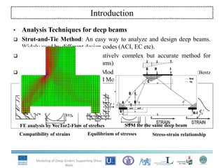 • Analysis Techniques for deep beams
 Strut-and-Tie Method: An easy way to analyze and design deep beams.
Widely used by different design codes (ACI, EC etc).
 Finite Element Analysis: Relatively complex but accurate method for
analyzing RC members(deep beams).
 VecTor2-Takes its basis from Modified Compression Field Theory(Bentz
2006) and Distributed Stress Field Model(Collins,1986).
Modeling of Deep Girders Supporting Shear
Walls
Introduction
Compatibility of strains Equilibrium of stresses Stress-strain relationship
FE analysis by VecTor2-Flow of stresses STM for the same deep beam
 