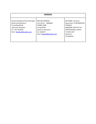 REFERENCES
Solomon Malebye (Project Manager)
Stanbic Bank Botswana
PrivateBag 00168
Gaborone, Botswana
Tel: +267 3618066
Email : MalebyeS@stanbic.com
MRS NEO MOROKA
Cash Centre - MANAGER
STANBIC BANK
P/ bag 00168
Gaborone, Botswana
Tel: 3618675
Email: MorokaN@stanbic.com
MR TEMBO (Lecturer)
Department of INFORMATION
TECHNOLY
GABORONE INSTITUTE OF
PROFFESSIONAL STUDIES
P O BOX 1299
Gaborone
Tel:3906444
 