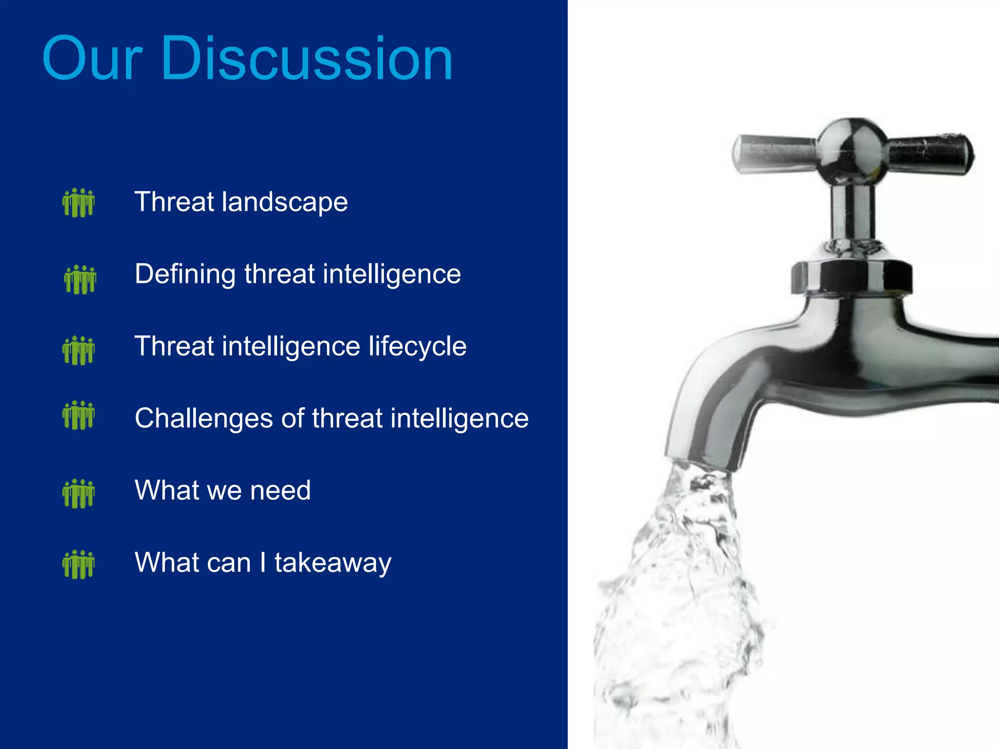 Our Discussion
3
Threat landscape
Defining threat intelligence
Threat intelligence lifecycle
Challenges of threat intelligence
What we need
What can I takeaway
 