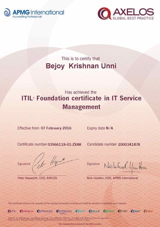 Bejoy K. Unni - ITIL - certificate