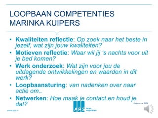 LOOPBAAN COMPETENTIES
MARINKA KUIPERS
• Kwaliteiten reflectie: Op zoek naar het beste in
jezelf, wat zijn jouw kwaliteiten?
• Motieven reflectie: Waar wil jij ‘s nachts voor uit
je bed komen?
• Werk onderzoek: Wat zijn voor jou de
uitdagende ontwikkelingen en waarden in dit
werk?
• Loopbaansturing: van nadenken over naar
actie om..
• Netwerken: Hoe maak je contact en houd je
dat? Kuijpers e.a. 2006
 