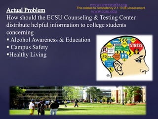 How should the ECSU Counseling & Testing Center
distribute helpful information to college students
concerning
 Alcohol Awareness & Education
 Campus Safety
Healthy Living
This relates to competency 2.1.10 (B) Assessment
www.newsworks.org
www.ecsu.edu
 