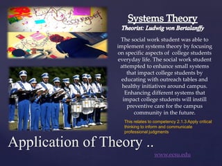 Application of Theory ..
The social work student was able to
implement systems theory by focusing
on specific aspects of college students
everyday life. The social work student
attempted to enhance small systems
that impact college students by
educating with outreach tables and
healthy initiatives around campus.
Enhancing different systems that
impact college students will instill
preventive care for the campus
community in the future.
This relates to competency 2.1.3 Apply critical
thinking to inform and communicate
professional judgments
www.ecsu.edu
 