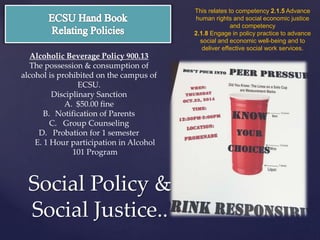 Social Policy &
Social Justice..
This relates to competency 2.1.5 Advance
human rights and social economic justice
and competency
2.1.8 Engage in policy practice to advance
social and economic well-being and to
deliver effective social work services.
Alcoholic Beverage Policy 900.13
The possession & consumption of
alcohol is prohibited on the campus of
ECSU.
Disciplinary Sanction
A. $50.00 fine
B. Notification of Parents
C. Group Counseling
D. Probation for 1 semester
E. 1 Hour participation in Alcohol
101 Program
 