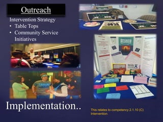 Implementation..
Outreach
Intervention Strategy
• Table Tops
• Community Service
Initiatives
This relates to competency 2.1.10 (C)
Intervention.
 