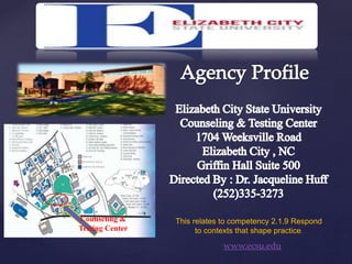 Counseling &
Testing Center
This relates to competency 2.1.9 Respond
to contexts that shape practice.
www.ecsu.edu
 