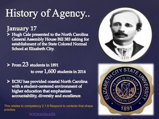 .
This relates to competency 2.1.9 Respond to contexts that shape
practice.
www.ecsu.edu
 