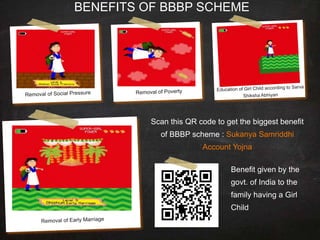 BENEFITS OF BBBP SCHEME
Scan this QR code to get the biggest benefit
of BBBP scheme : Sukanya Samriddhi
Account Yojna
Benefit given by the
govt. of India to the
family having a Girl
Child
 