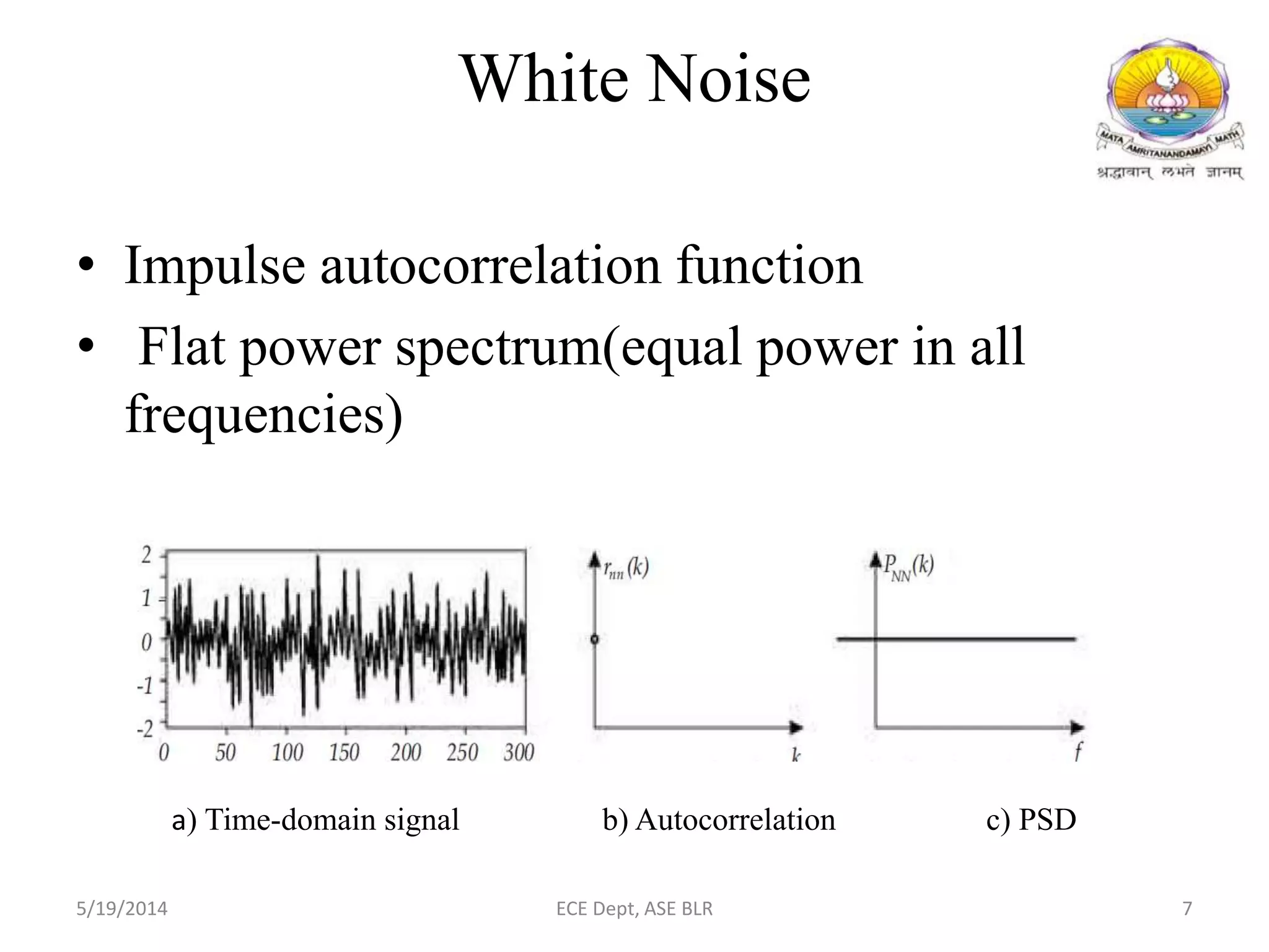 White Noise
• Impulse autocorrelation function
• Flat power spectrum(equal power in all
frequencies)
a) Time-domain signal b) Autocorrelation c) PSD
5/19/2014 ECE Dept, ASE BLR 7
 