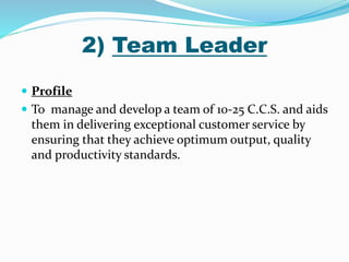 2) Team Leader
 Profile
 To manage and develop a team of 10-25 C.C.S. and aids
them in delivering exceptional customer service by
ensuring that they achieve optimum output, quality
and productivity standards.
 