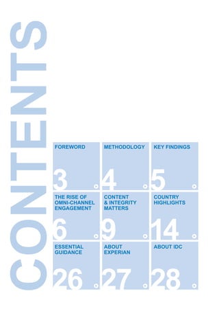CONTENTS
3 4 5
6 14
26 27 28
ABOUT IDC
FOREWORD METHODOLOGY KEY FINDINGS
THE RISE OF
OMNI-CHANNEL
ENGAGEMENT
9
CONTENT
& INTEGRITY
MATTERS
COUNTRY
HIGHLIGHTS
ESSENTIAL
GUIDANCE
ABOUT
EXPERIAN
 