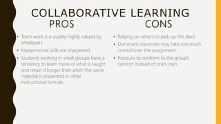 COLLABORATIVE LEARNING
PROS
• Team work is a quality highly valued by
employers
• Interpersonal skills are sharpened
• Students working in small groups have a
tendency to learn more of what is taught
and retain it longer than when the same
material is presented in other
instructional formats.
CONS
• Relying on others to pick up the slack
• Dominant classmate may take too much
control over the assignment.
• Pressure to conform to the group’s
opinion instead of one’s own.
 