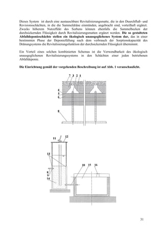 31
Dieses System ist durch eine austauschbare Revitalisierungsmatte, die in den Duurchfluß- und
Revisionsschächten, in die die Sammeldräne einmünden, angebracht sind, vorteilhaft ergänzt.
Zwecks höherem Nutzeffekt des Sorbens können ebenfalls die Sammelbecken der
durchsickernden Flüssigkeit durch Revitalisierungsmatten ergänzt werden. Die so gestalteten
Abfalldeponieschächte stellen ein ökologisch unausgeglichenes System dar, das in einer
bestimmten Phase der Deponiefüllung nach dem verbrauch der Sorptionskapazität des
Dränungsystems die Revitalisierungsfunktion der durchsickernden Flüssigkeit übernimmt.
Ein Vorteil eines solchen kombinierten Schemas ist die Verwendbarkeit des ökologisch
unausgeglichenen Revitalisierungssystems in den Schächten einer jeden betriebenen
Abfalldeponie.
Die Einrichtung gemäß der vorgehenden Beschreibung ist auf Abb. 1 veranschaulicht.
 