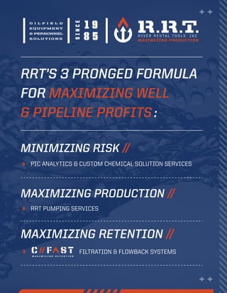 RRT’S 3 PRONGED FORMULA
FOR MAXIMIZING WELL
& PIPELINE PROFITS:
MINIMIZING RISK //
MAXIMIZING PRODUCTION //
MAXIMIZING RETENTION //
O I L F I E L D
E QU I PM E N T
& PERSONNEL
S O L U T I O N S
1 9
8 5
SINCE
PIC ANALYTICS & CUSTOM CHEMICAL SOLUTION SERVICES
RRT PUMPING SERVICES
FILTRATION & FLOWBACK SYSTEMS
 