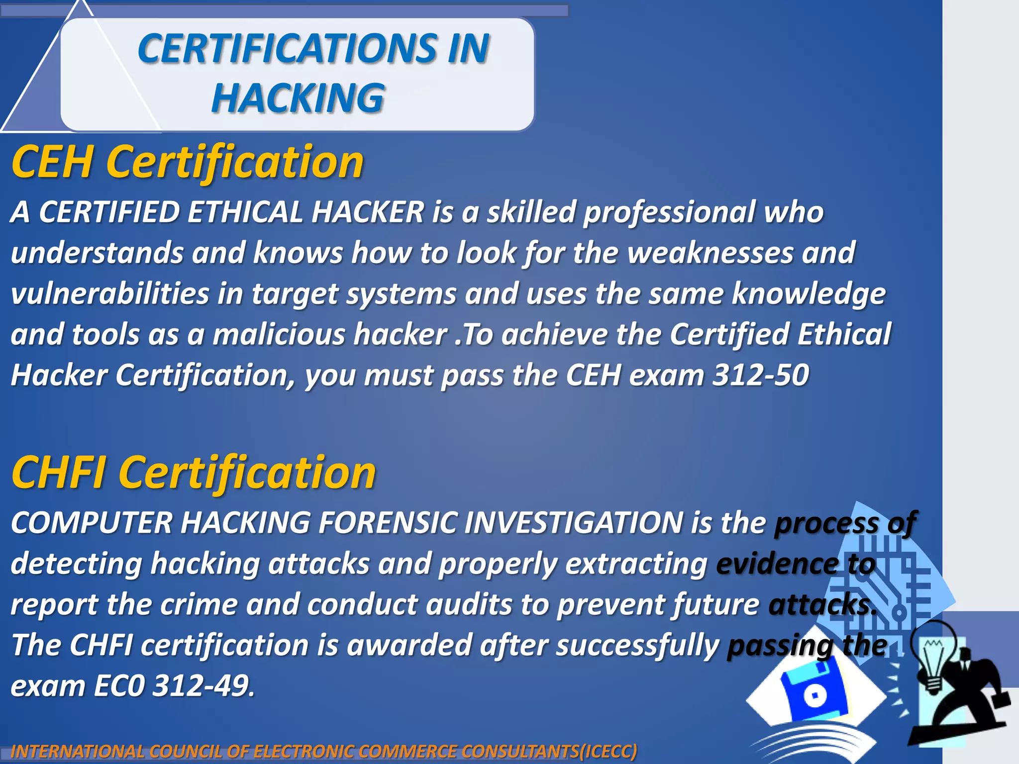 CEH Certification
A CERTIFIED ETHICAL HACKER is a skilled professional who
understands and knows how to look for the weaknesses and
vulnerabilities in target systems and uses the same knowledge
and tools as a malicious hacker .To achieve the Certified Ethical
Hacker Certification, you must pass the CEH exam 312-50
CHFI Certification
COMPUTER HACKING FORENSIC INVESTIGATION is the process of
detecting hacking attacks and properly extracting evidence to
report the crime and conduct audits to prevent future attacks.
The CHFI certification is awarded after successfully passing the
exam EC0 312-49.
INTERNATIONAL COUNCIL OF ELECTRONIC COMMERCE CONSULTANTS(ICECC)
CERTIFICATIONS IN
HACKING
 