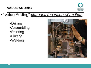 • “Value-Adding” changes the value of an item
•Drilling
•Assembling
•Painting
•Cutting
•Welding
VALUE ADDING
 