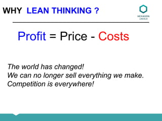 Profit = Price - Costs
WHY LEAN THINKING ?
The world has changed!
We can no longer sell everything we make.
Competition is everywhere!
 