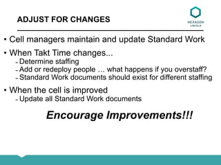 ADJUST FOR CHANGES
• Cell managers maintain and update Standard Work
• When Takt Time changes...
̵ Determine staffing
̵ Add or redeploy people … what happens if you overstaff?
̵ Standard Work documents should exist for different staffing
• When the cell is improved
̵ Update all Standard Work documents
Encourage Improvements!!!
 