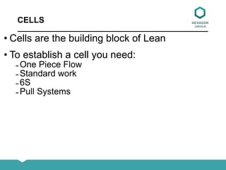 CELLS
• Cells are the building block of Lean
• To establish a cell you need:
̵ One Piece Flow
̵ Standard work
̵ 6S
̵ Pull Systems
 