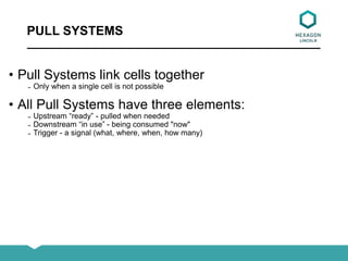 PULL SYSTEMS
• Pull Systems link cells together
̵ Only when a single cell is not possible
• All Pull Systems have three elements:
̵ Upstream “ready” - pulled when needed
̵ Downstream “in use” - being consumed "now"
̵ Trigger - a signal (what, where, when, how many)
 