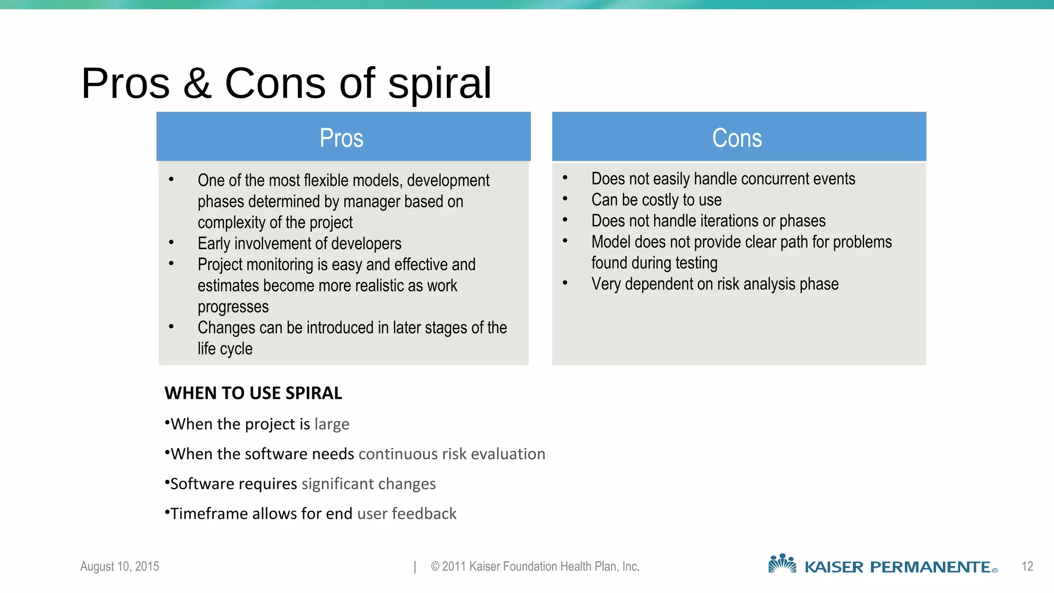 August 10, 2015 | © 2011 Kaiser Foundation Health Plan, Inc. 12
Pros & Cons of spiral
Pros Cons
• One of the most flexible models, development
phases determined by manager based on
complexity of the project
• Early involvement of developers
• Project monitoring is easy and effective and
estimates become more realistic as work
progresses
• Changes can be introduced in later stages of the
life cycle
• Does not easily handle concurrent events
• Can be costly to use
• Does not handle iterations or phases
• Model does not provide clear path for problems
found during testing
• Very dependent on risk analysis phase
WHEN TO USE SPIRAL
•When the project is large
•When the software needs continuous risk evaluation
•Software requires significant changes
•Timeframe allows for end user feedback
 
