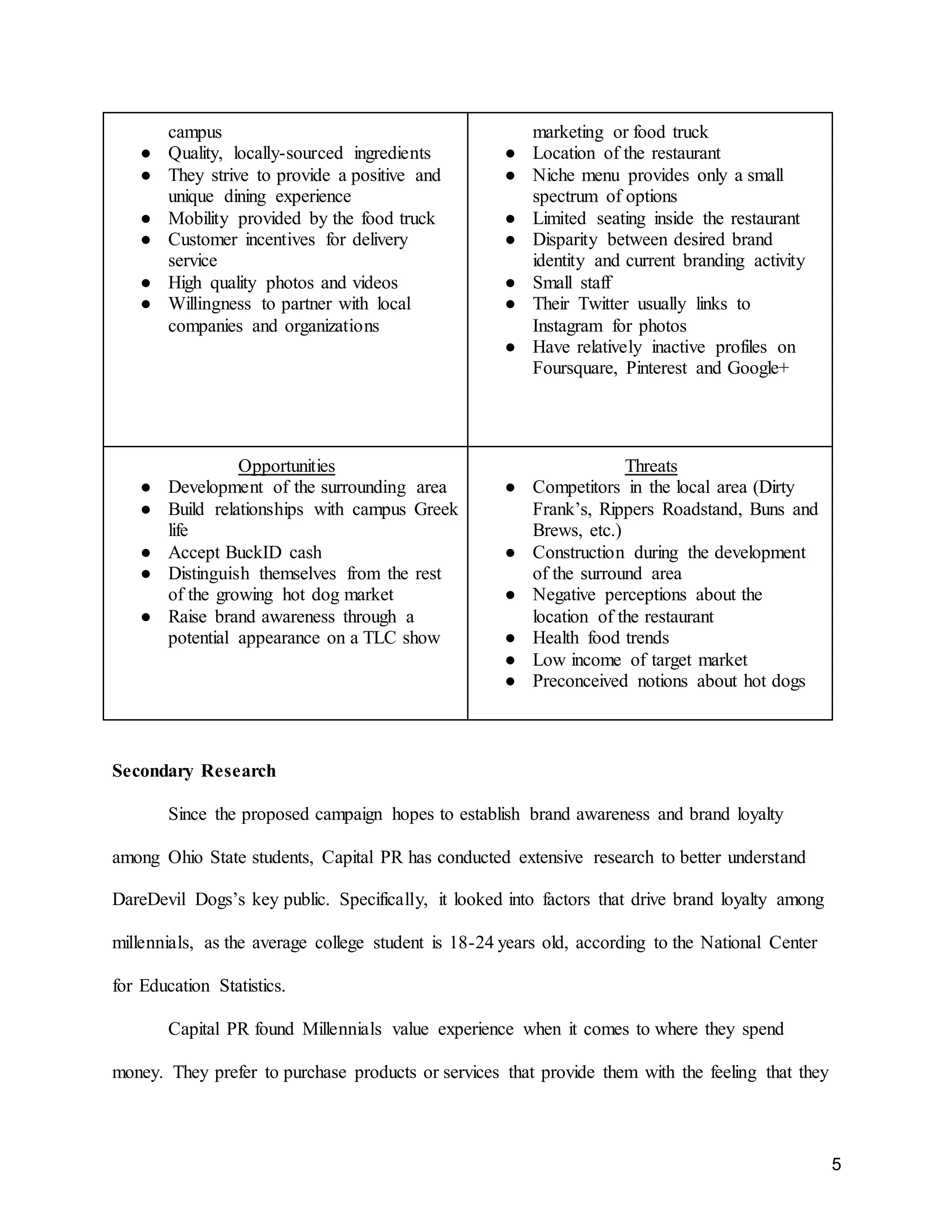 5
campus
● Quality, locally-sourced ingredients
● They strive to provide a positive and
unique dining experience
● Mobility provided by the food truck
● Customer incentives for delivery
service
● High quality photos and videos
● Willingness to partner with local
companies and organizations
marketing or food truck
● Location of the restaurant
● Niche menu provides only a small
spectrum of options
● Limited seating inside the restaurant
● Disparity between desired brand
identity and current branding activity
● Small staff
● Their Twitter usually links to
Instagram for photos
● Have relatively inactive profiles on
Foursquare, Pinterest and Google+
Opportunities
● Development of the surrounding area
● Build relationships with campus Greek
life
● Accept BuckID cash
● Distinguish themselves from the rest
of the growing hot dog market
● Raise brand awareness through a
potential appearance on a TLC show
Threats
● Competitors in the local area (Dirty
Frank’s, Rippers Roadstand, Buns and
Brews, etc.)
● Construction during the development
of the surround area
● Negative perceptions about the
location of the restaurant
● Health food trends
● Low income of target market
● Preconceived notions about hot dogs
Secondary Research
Since the proposed campaign hopes to establish brand awareness and brand loyalty
among Ohio State students, Capital PR has conducted extensive research to better understand
DareDevil Dogs’s key public. Specifically, it looked into factors that drive brand loyalty among
millennials, as the average college student is 18-24 years old, according to the National Center
for Education Statistics.
Capital PR found Millennials value experience when it comes to where they spend
money. They prefer to purchase products or services that provide them with the feeling that they
 