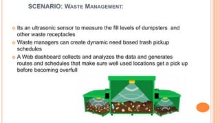 SCENARIO: WASTE MANAGEMENT:
Its an ultrasonic sensor to measure the fill levels of dumpsters and
other waste receptacles
Waste managers can create dynamic need based trash pickup
schedules
A Web dashboard collects and analyzes the data and generates
routes and schedules that make sure well used locations get a pick up
before becoming overfull