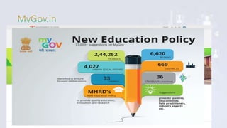 • MyGov.in is an online portal introduced by the government with an
end view of creating an common platform for crowdsourcing of
governance ideas.
• Many contests are organized and are listed on the MyGov portal which
can be viewed by the citizens and all those who are interested may
participate.
• Price money is also give to the citizens securing 1st 2nd and 3rd position
in these contests.
 