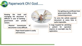Paperwork Oh! God......
Keeping the track and
managing the document is
difficult in case of banking ,
government and private
sectors.
Physical transmission of
documents is very difficult.
Paper based system is costly
and insecure.
To carry the vehicle papered
document at every time is
quite impossible.
For getting any certificate from
government office ,is time
consuming process.
In large hospital for admitting
a patient for operation
requires an overnight stay for
registration.
 