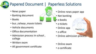 • News paper
• Banking document
• Books
• bus ,railway ,movie tickets
• Vehicle documents
• Office documentation
• Admission process in school ,
college
• Written exam
• All government certificate
• Online news paper app
• Net banking
• e-books
• e-tickets
• Online app
• e-office
• Online admission process
• Online exam
• e-certificate
Papered Document | Paperless Solutions
 