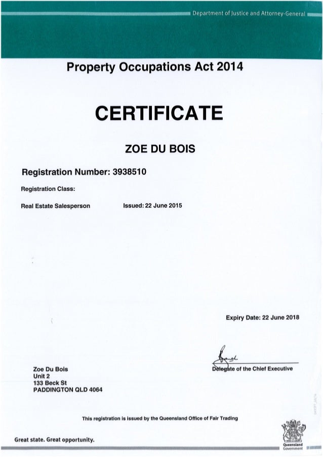 Property Occupations Act 2014 Sales Certificate Exp 22jun18
