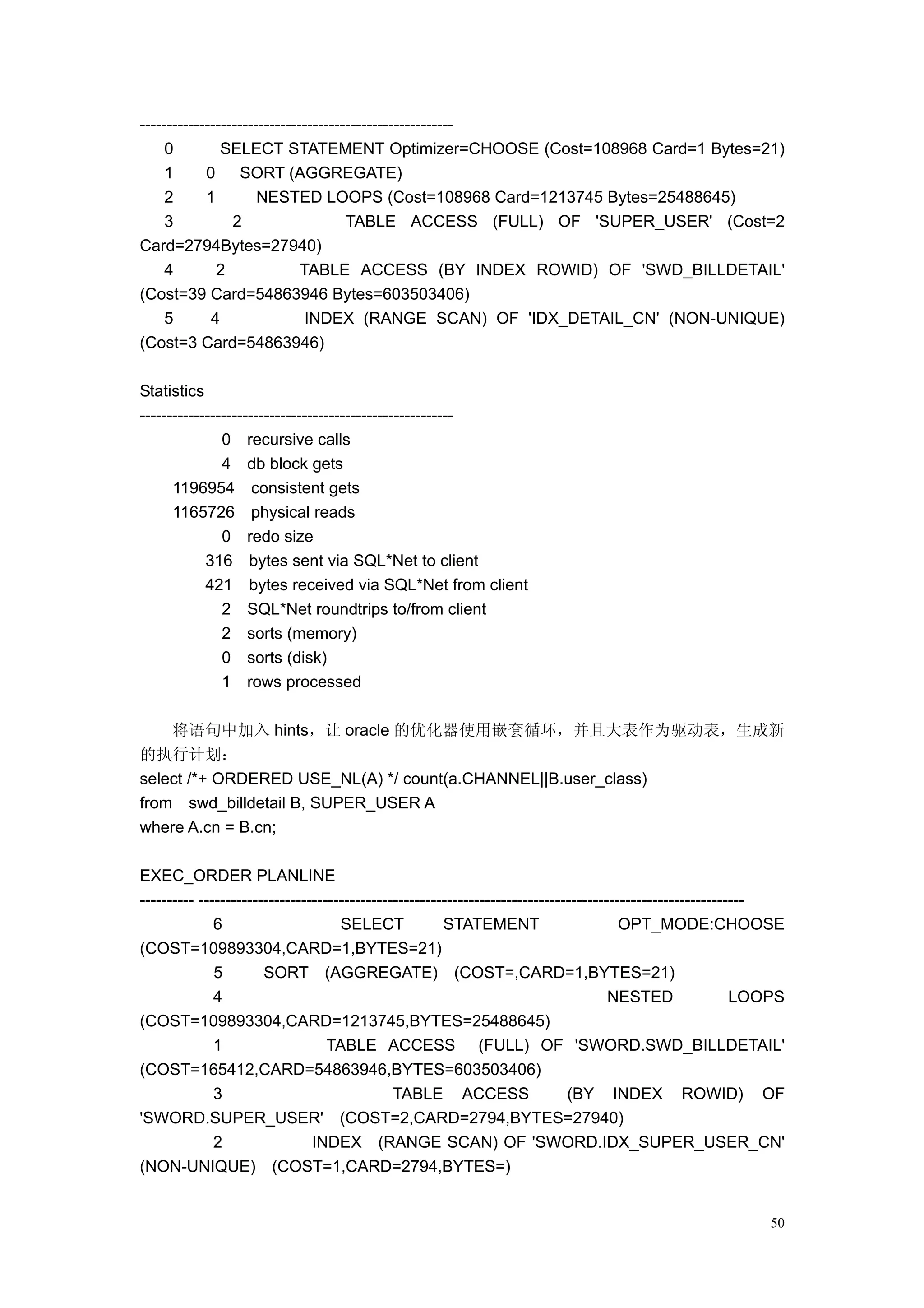 ----------------------------------------------------------
     0         SELECT STATEMENT Optimizer=CHOOSE (Cost=108968 Card=1 Bytes=21)
     1      0      SORT (AGGREGATE)
     2      1         NESTED LOOPS (Cost=108968 Card=1213745 Bytes=25488645)
     3           2                    TABLE ACCESS (FULL) OF 'SUPER_USER' (Cost=2
Card=2794Bytes=27940)
     4        2               TABLE ACCESS (BY INDEX ROWID) OF 'SWD_BILLDETAIL'
(Cost=39 Card=54863946 Bytes=603503406)
     5       4                 INDEX (RANGE SCAN) OF 'IDX_DETAIL_CN' (NON-UNIQUE)
(Cost=3 Card=54863946)

Statistics
----------------------------------------------------------
               0 recursive calls
               4 db block gets
      1196954 consistent gets
      1165726 physical reads
               0 redo size
            316 bytes sent via SQL*Net to client
            421 bytes received via SQL*Net from client
               2 SQL*Net roundtrips to/from client
               2 sorts (memory)
               0 sorts (disk)
               1 rows processed

    将语句中加入 hints，让 oracle 的优化器使用嵌套循环，并且大表作为驱动表，生成新
的执行计划：
select /*+ ORDERED USE_NL(A) */ count(a.CHANNEL||B.user_class)
from swd_billdetail B, SUPER_USER A
where A.cn = B.cn;

EXEC_ORDER PLANLINE
---------- -----------------------------------------------------------------------------------------------------
              6                      SELECT             STATEMENT                        OPT_MODE:CHOOSE
(COST=109893304,CARD=1,BYTES=21)
              5        SORT (AGGREGATE) (COST=,CARD=1,BYTES=21)
              4                                                                        NESTED                LOOPS
(COST=109893304,CARD=1213745,BYTES=25488645)
              1                    TABLE ACCESS (FULL) OF 'SWORD.SWD_BILLDETAIL'
(COST=165412,CARD=54863946,BYTES=603503406)
              3                                TABLE ACCESS                    (BY INDEX ROWID) OF
'SWORD.SUPER_USER' (COST=2,CARD=2794,BYTES=27940)
              2                 INDEX (RANGE SCAN) OF 'SWORD.IDX_SUPER_USER_CN'
(NON-UNIQUE) (COST=1,CARD=2794,BYTES=)


                                                                                                               50
 