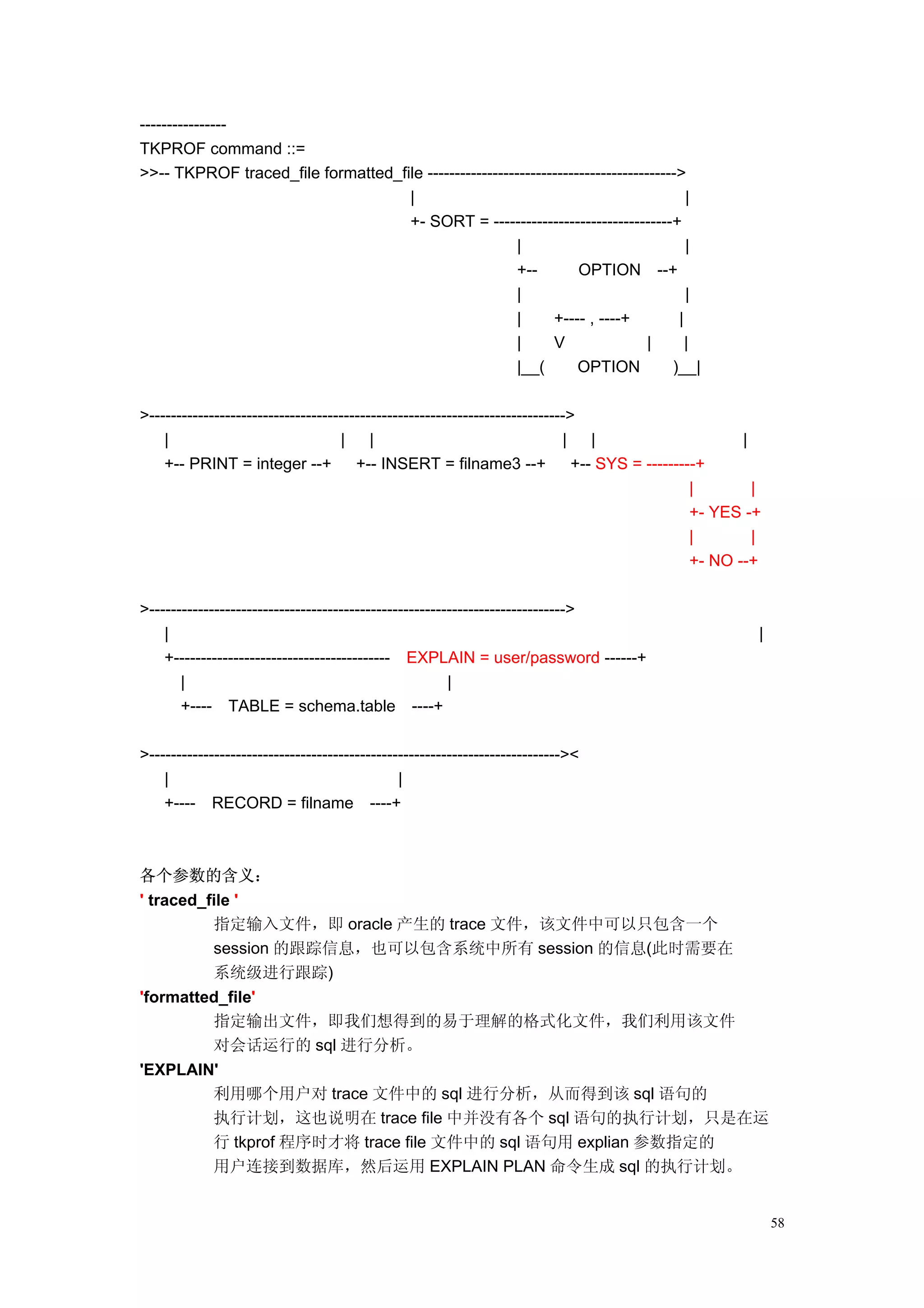 ----------------
TKPROF command ::=
>>-- TKPROF traced_file formatted_file ---------------------------------------------->
                                    |                                                  |
                                    +- SORT = ---------------------------------+
                                                        |                              |
                                                        +--        OPTION --+
                                                        |                              |
                                                        |     +---- , ----+          |
                                                        |     V                 |      |
                                                        |__(       OPTION           )__|

>----------------------------------------------------------------------------->
    |                               |     |                                  |    |                     |
    +-- PRINT = integer --+            +-- INSERT = filname3 --+               +-- SYS = ---------+
                                                                                                 |        |
                                                                                                 +- YES -+
                                                                                                 |        |
                                                                                                 +- NO --+

>----------------------------------------------------------------------------->
    |                                                                                                     |
    +---------------------------------------- EXPLAIN = user/password ------+
       |                                                |
       +---- TABLE = schema.table ----+

>----------------------------------------------------------------------------><
    |                                          |
    +---- RECORD = filname ----+



各个参数的含义：
' traced_file '
          指定输入文件，即 oracle 产生的 trace 文件，该文件中可以只包含一个
          session 的跟踪信息，也可以包含系统中所有 session 的信息(此时需要在
          系统级进行跟踪)
'formatted_file'
         指定输出文件，即我们想得到的易于理解的格式化文件，我们利用该文件
         对会话运行的 sql 进行分析。
'EXPLAIN'
        利用哪个用户对 trace 文件中的 sql 进行分析，从而得到该 sql 语句的
        执行计划，这也说明在 trace file 中并没有各个 sql 语句的执行计划，只是在运
        行 tkprof 程序时才将 trace file 文件中的 sql 语句用 explian 参数指定的
        用户连接到数据库，然后运用 EXPLAIN PLAN 命令生成 sql 的执行计划。


                                                                                                              58
 