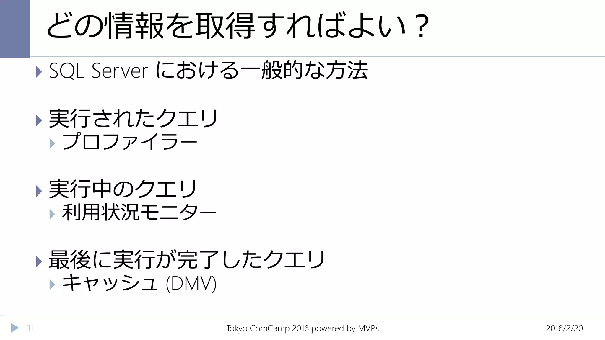 どの情報を取得すればよい？
2016/2/20Tokyo ComCamp 2016 powered by MVPs11
 SQL Server における一般的な方法
 実行されたクエリ
 プロファイラー
 実行中のクエリ
 利用状況モニター
 最後に実行が完了したクエリ
 キャッシュ (DMV)
 