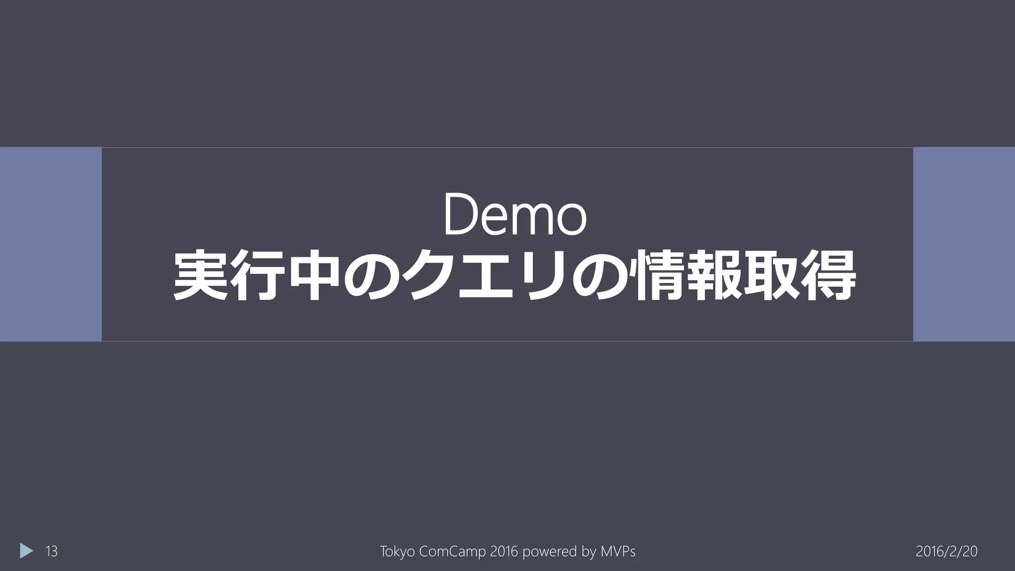 Demo
実行中のクエリの情報取得
2016/2/20Tokyo ComCamp 2016 powered by MVPs13
 
