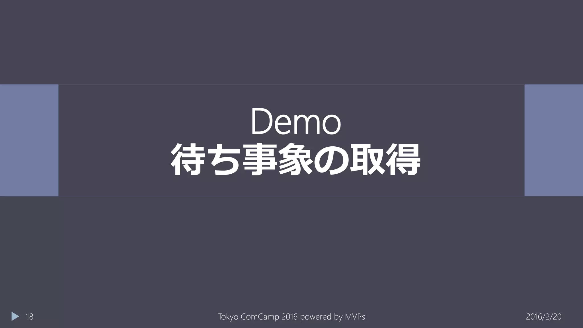 Demo
待ち事象の取得
2016/2/20Tokyo ComCamp 2016 powered by MVPs18
 