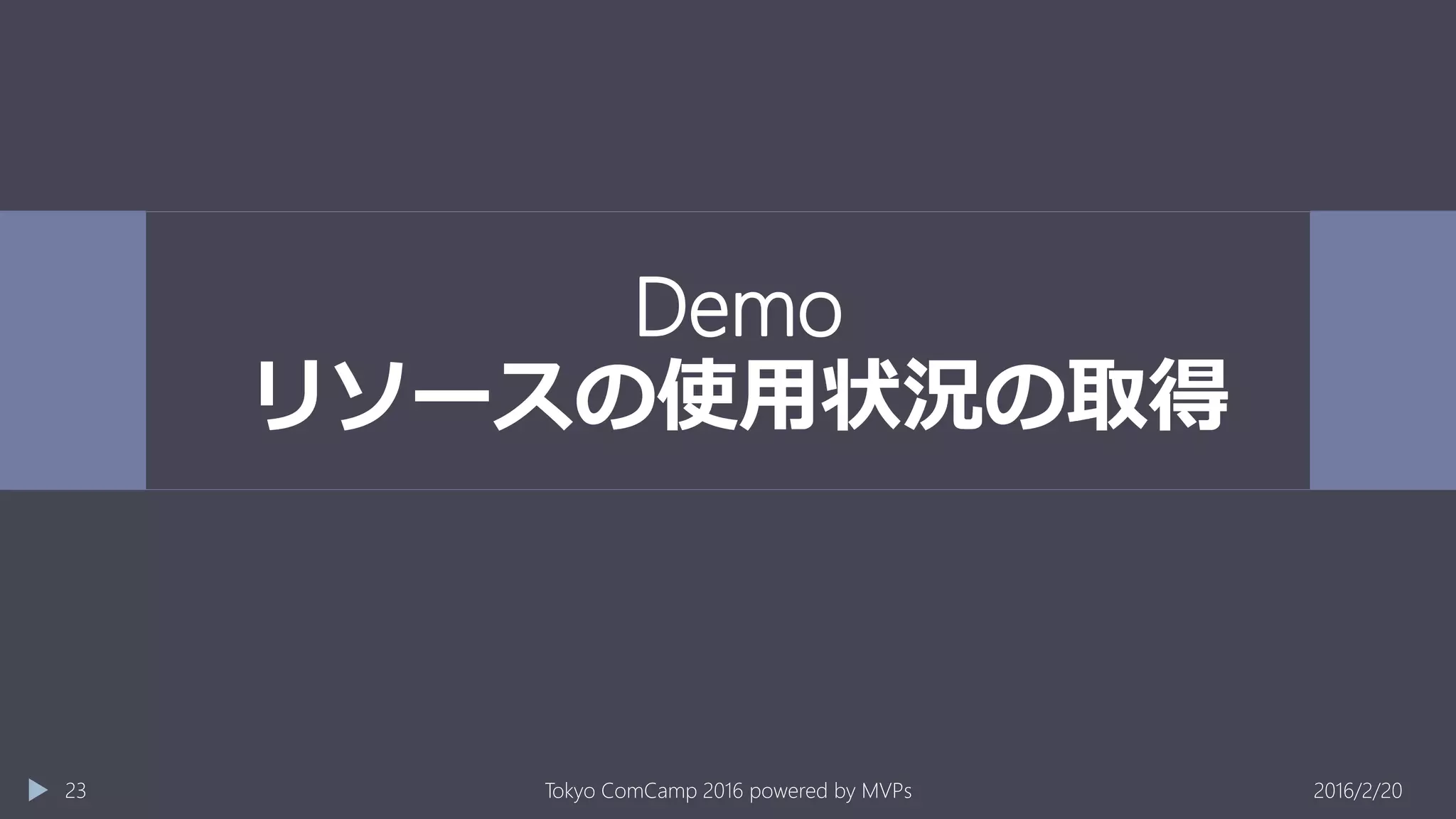 Demo
リソースの使用状況の取得
2016/2/20Tokyo ComCamp 2016 powered by MVPs23
 