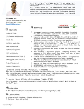 Internal to Wipro
MAHENDRAN VARADHARAJAN
Result oriented, high-energetic technocrat with a rich experience in Database
administration, Oracle Application.
c
Oracle APPS DBA
MAHENDRAN VARADHARAJAN
+971-528923916 – Dubai
dbajob2021@gmail.com
Key Skills
Oracle APPS DBA
SQL Database Administration
Oracle DBA
EXADATA Oracle DBA
ODA Administration
Performance Specialist
OEM Administration
ERP implementation (11i/R12)
ERP Upgrade (11i/R12/R12.2)
Project Management
Advance Presentation
Summary
16+ years of experience in Oracle Apps DBA, Oracle DBA, Oracle RAC
DBA, ODA (Oracle Database Appliance) DBA & SQL DBA. Exadata x2,
Exadata x 5 & Exadata x 8 administration.
Experience in Oracle EBS R12.2.8, R12.2.6, R12.2.4, R12.1.3, 11i & R11
versions in Windows, Solaris, AIX, and various Linux platforms, Exadata
x2,5&8 administrations including the migrations and upgradation.
Oracle database Administration in 12c, 11g, 10g, 9i & 8i versions and
worked on Taleo 13c, Hyperion 11.1.2.3, OBIEE 11.1.1.7.1, OBIA 11.1.1.8.
Expertise an implementation and support of Oracle RAC, Stand by
database, OEM & data guard and OVM
Expertise an implementation and support of Oracle RAC, Stand by database,
OEM & data guard.
100+ Installing / Upgradation projects. Configuring, Managing and
Monitoring of SQL Servers 2002, 2005, 2008, 2012, 2014 & 2016.
Configuration and maintenance of dbWatch.
Certified – Oracle Certified Professional (OCP), Certified – Six Sigma Green
Belt, Oracle ODA Administration training from Oracle Corporation.
APPS DBA 11i & R12 training from Oracle Corporation, Oracle Virtual
Machine Training from Oracle Corporation.
Oracle 9i, 10g, 9i RAC Database training from Oracle Corporation, Oracle
APPS DBA 11i & R12 training from Oracle Corporation.
Oracle Virtual Machine Training from Oracle Corporation
Corporate clients Affiliate – UAE (2012 – present)
Wipro Ltd Dubai, Emirates Nuclear Energy Corporation – Abu Dhabi, EXPO 2020, Dubai – INJAZAT, Abu Dhabi – Abu
Dhabi Tourism Authority – Emirates National Oil Company (ENOC), Dubai – Transguard group (Emirates Security) , Dubai
– YAS HOLDINGS, Abu Dhabi – Fujairah e-Government – Bukhatir Group Sharjah
Corporate clients Affiliate – International (2004 – 2012)
Oracle Corporation – International, General Electric – India US, Marvel Semiconductors India US, NATO UK, Bank of
Uganda, TPI Spain.
Education
B.E in Electronics & Communication Engineering from PGP Engineering College – 2004
Certifications
Oracle Certified Professional – Database Administration.
Six Sigma – Green Belt Certified.
Project Manager, Senior Oracle APPS DBA, Exadata DBA, SQL Database
Administrator
OCP, EXADATA Oracle DBA, ERP Administrator, Oracle Core DBA,
Database solution Architect, License Manager, system administrator, Unix
administrator, ODA Administrator, database Performance Specialist,
Process oriented, followed by green belt methodology – ITIL Trained &
GB Certified.
 